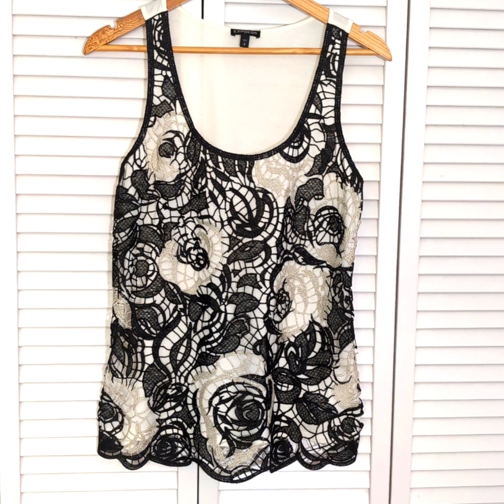 Express Crochet Front Black & White Silver Tank Top Size  SP
